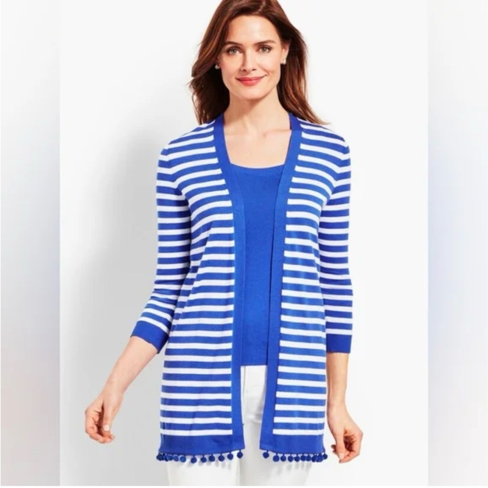 Talbots Striped Open Front Knit Cardigan Pom Trim 3/4 Sleeve XS